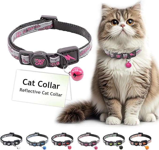 DOCO Cat Collar (Neck Girth - 3/8" x 7.5-12", Weight Upto - 13lb) Reflective Cat Collar with Bell, Breakaway Safety Buckle, Adjustable Nylon Strap for Kittens &amp; Adult Cats (Pink)