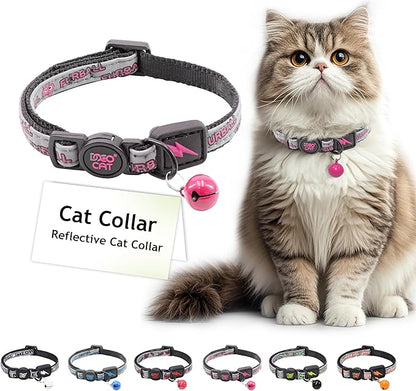 DOCO Cat Collar (Neck Girth - 3/8" x 7.5-12", Weight Upto - 13lb) Reflective Cat Collar with Bell, Breakaway Safety Buckle, Adjustable Nylon Strap for Kittens &amp; Adult Cats (Pink)