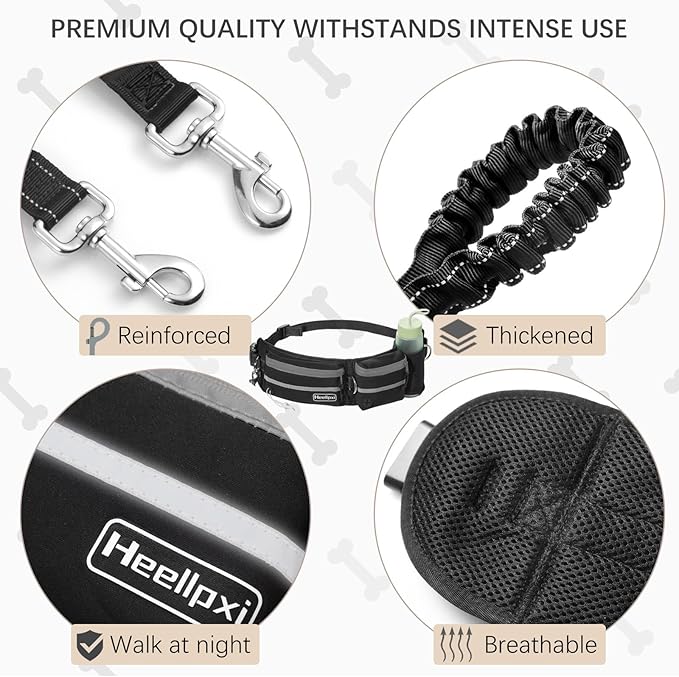 Hands-Free Waist Leash with Pouch for Two Dogs: Reflective Stitching, Dual Handle &amp; Bungee Retractable Design – Ideal for Medium to Large Dogs (Grey) – Dog Walking Accessories