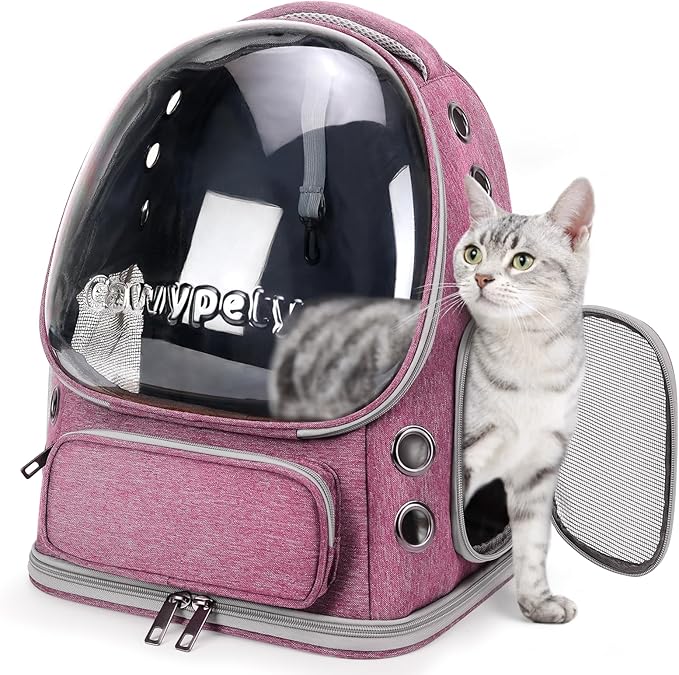 Cat Backpack Carrier, Breathable Cat Carrier Large Space Bubble Pet Backpack for Kitty Small Dog up to 15lbs, Transparent &amp; Foldable Pet Carrier for Travel Hiking（Pink）