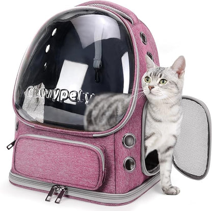 Cat Backpack Carrier, Breathable Cat Carrier Large Space Bubble Pet Backpack for Kitty Small Dog up to 15lbs, Transparent &amp; Foldable Pet Carrier for Travel Hiking（Pink）
