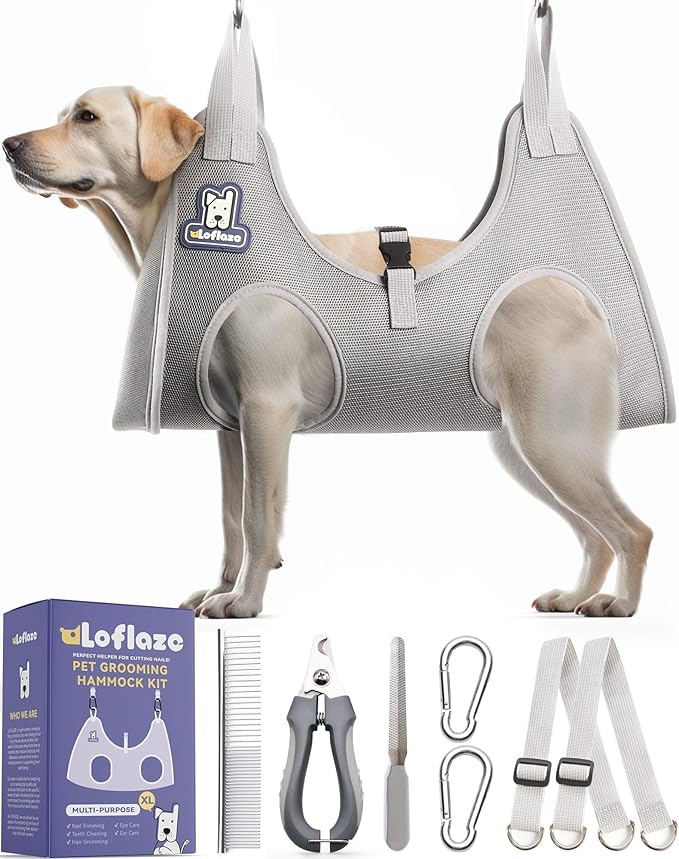 Dog Grooming Hammock Harness for Dogs &amp; Cats with Pet Nail Clipper Trimmer - Cat Hanger Sling for Trimming Clipping Nails- Dog Hammock Restraint Bag for Small Medium Large pet （ Grey XL ）