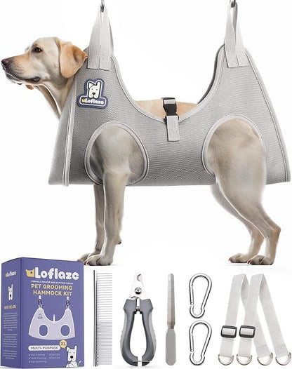 Dog Grooming Hammock Harness for Dogs &amp; Cats with Pet Nail Clipper Trimmer - Cat Hanger Sling for Trimming Clipping Nails- Dog Hammock Restraint Bag for Small Medium Large pet （ Grey XL ）