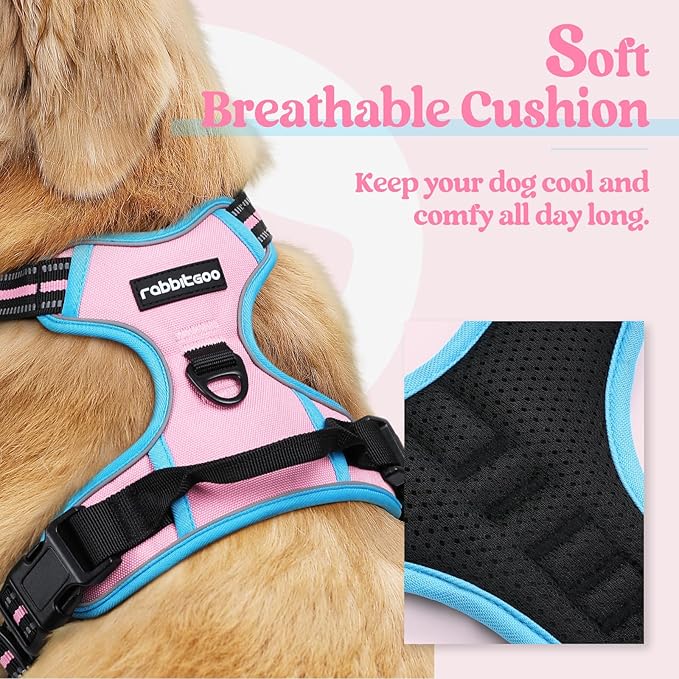 rabbitgoo Dog Harness No Pull with 2 Leash Clips, Adjustable Soft Padded, Reflective Oxford No Choke Pet Vest with Easy Control Handle for Medium Sized Dogs, Pink &amp; Blue, M