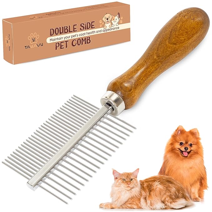 Takavu Double-Sided Metal Pet Comb for Dogs &amp; Cats - Stainless Steel Teeth for Detangling, Removing Loose Hair &amp; Flea Check - Grooming Tool