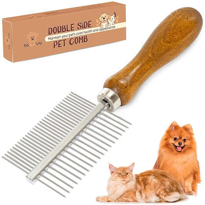 Takavu Double-Sided Metal Pet Comb for Dogs &amp; Cats - Stainless Steel Teeth for Detangling, Removing Loose Hair &amp; Flea Check - Grooming Tool