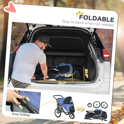 PawHut Dog Stroller, Pet Stroller 3 Wheels with Easy One-Hand Fold, Rubber Wheels, Storage Bag, Soft Cushion, Safety Leash, for Small &amp; Medium Dogs, Blue