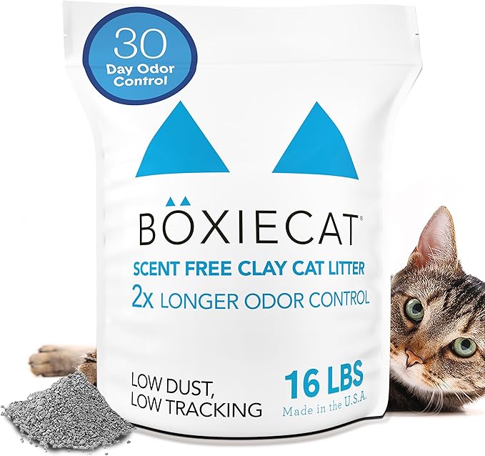Boxie® Unscented 30 Day Odour Control Clumping Clay Cat &amp; Kitty Litter 16 lb, 99.9% Dust-Free, Hard Flat Top® Clumps, No Fragrances No Fillers, Long-Lasting, Easy to Scoop