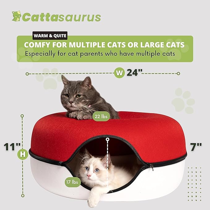 CATTASAURUS Peekaboo Cat Cave for Multiple &amp; Large Cats Up to 30-45 Lbs, Scratch Detachable &amp; Washable Tunnel Bed, Comfy Donut Cat Cave (Ruby Snowball, Large)