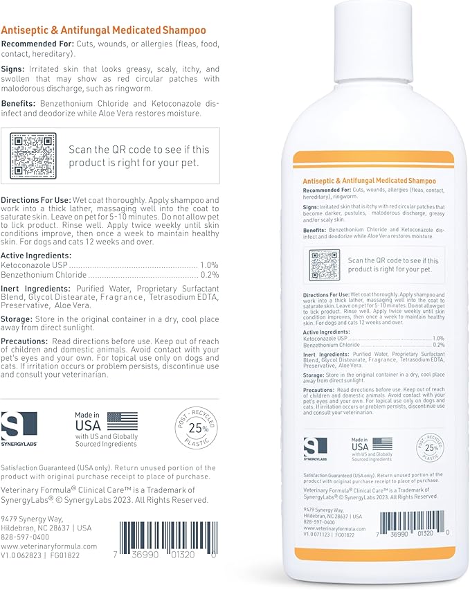 Veterinary Formula Clinical Care Antiseptic and Antifungal Medicated Shampoo for Dogs &amp; Cats, 16 Fl Oz – Helps Alleviate Scaly, Greasy, red Skin – Paraben, Dye, Soap-Free (2 Pack)