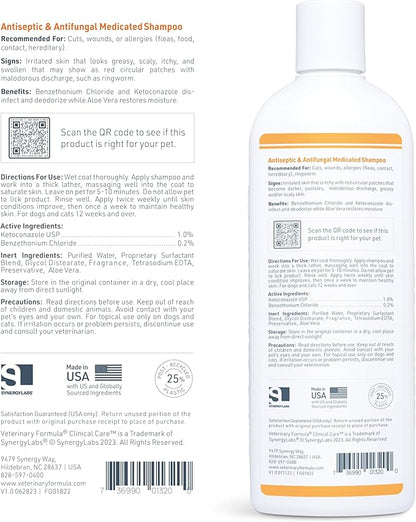 Veterinary Formula Clinical Care Antiseptic and Antifungal Medicated Shampoo for Dogs &amp; Cats, 16 Fl Oz – Helps Alleviate Scaly, Greasy, red Skin – Paraben, Dye, Soap-Free (2 Pack)