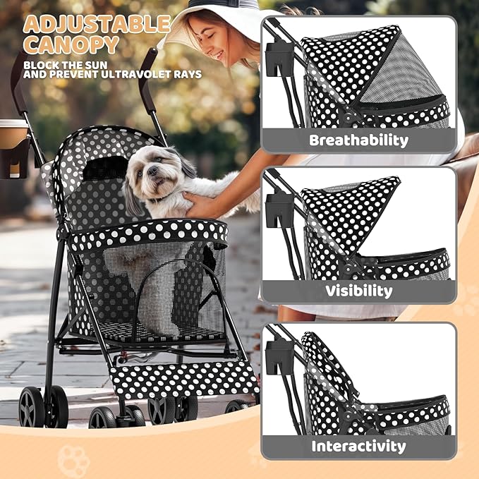 Magshion Compact Pet Stroller for Small-Medium Dogs/Cats up to 22lbs, 4-Wheel Lightweight Umbrella Shaped Portable Puppy Travel Jogger with Breathable Mesh, Cup Holder &amp; Rear Storage, Black Polka Dots