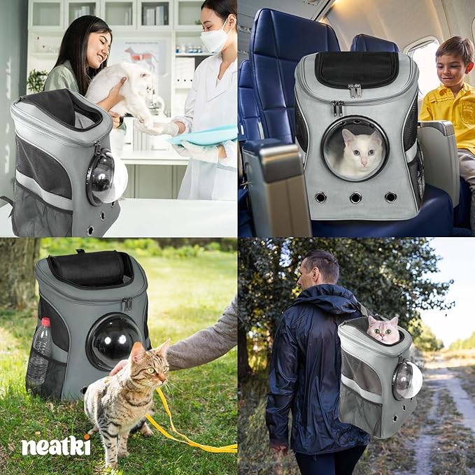Cat Backpack Carrier, Airline Approved, Space Capsule Bubble Design, Ideal for Cats &amp; Dogs up to 28-35 lbs, with Strong Straps, Safety Zippers, Mesh, Comfortable for Hiking &amp; Travel (Grey)