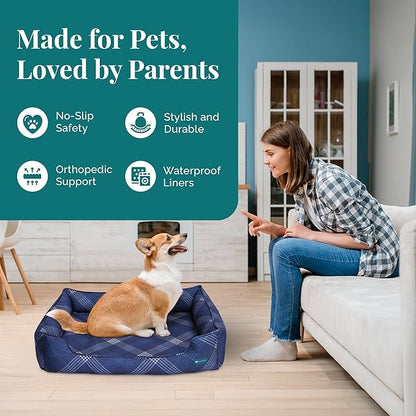 Orthopedic Bolster Dog Bed – CertiPUR-US Foam, Recycled Polyester Canvas, Washable Cover, Anti-Slip Bottom, Medium, Navy Plaid – Stylish Designer Dog Sofa