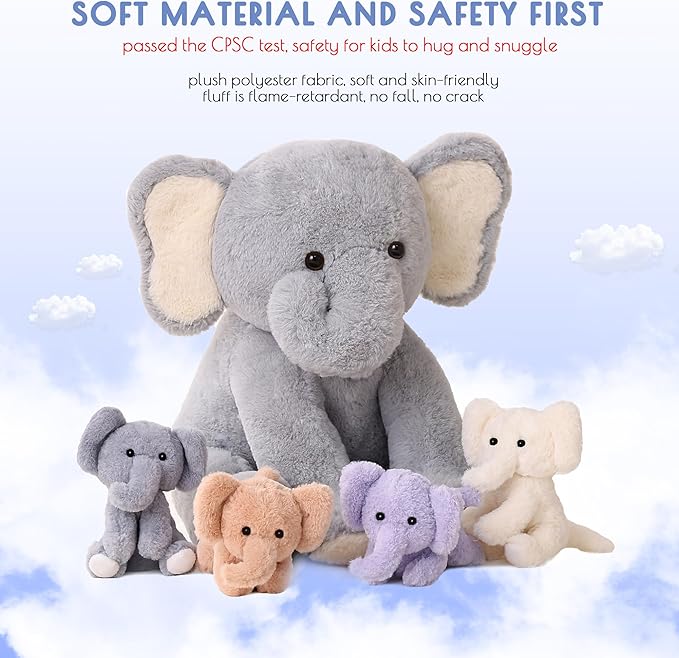 5 Pieces Elephant Stuffed Animals for Girls, 1 Mommy Elephant with 4 Babies Soft Plush Set Toys Gifts for Kids Children 3 4 5 6 7 8 9 Years, Christmas, Birthday, Children&