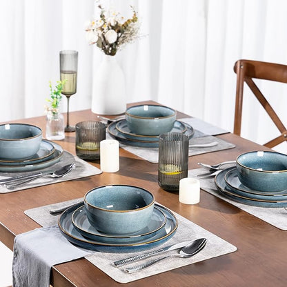 GBHOME Ceramic Dinnerware Sets for 4, 12 Pieces Stoneware Plates and Bowls Sets, Reactive Glaze Dishes -Scratch Resistant, Dishwasher&amp;Microwave Safe, Space Blue