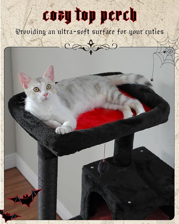 Gothic Cat Tree with Super Large Hammock, 56.3" Black Cat Tower with Coffin Bed, Cat Condo, Sisal Scratching Posts &amp; Top Perch, Multi-Level Goth Cat Tree, Halloween, Black