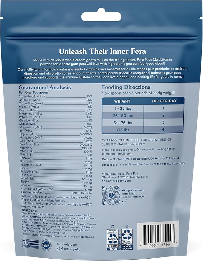 Fera Pets Goat Milk Topper - Multivitamin for Dogs &amp; Cats with Probiotics - Supports Overall Health, Gut Health, and Immune System - for Picky Eaters - 60 TSP