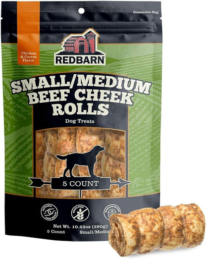 Redbarn Pet Products All-Natural Small/Medium Beef Cheek Rolls for Dogs, Chicken &amp; Carrot Glazed - Single Ingredient Grain-Free Chew Treat Naturally Rich in Collagen - 5 Pack - Packaging May Vary