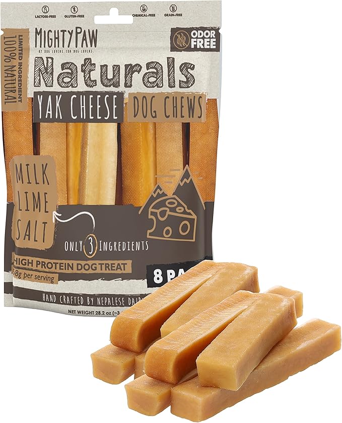 Mighty Paw Yak Cheese Chews for Dogs | All-Natural Long Lasting Pet Treats. Odorless and Great for Oral Health. Limited-Ingredient Chews for Puppies &amp; Power-Chewers (Large, 8 Pack)