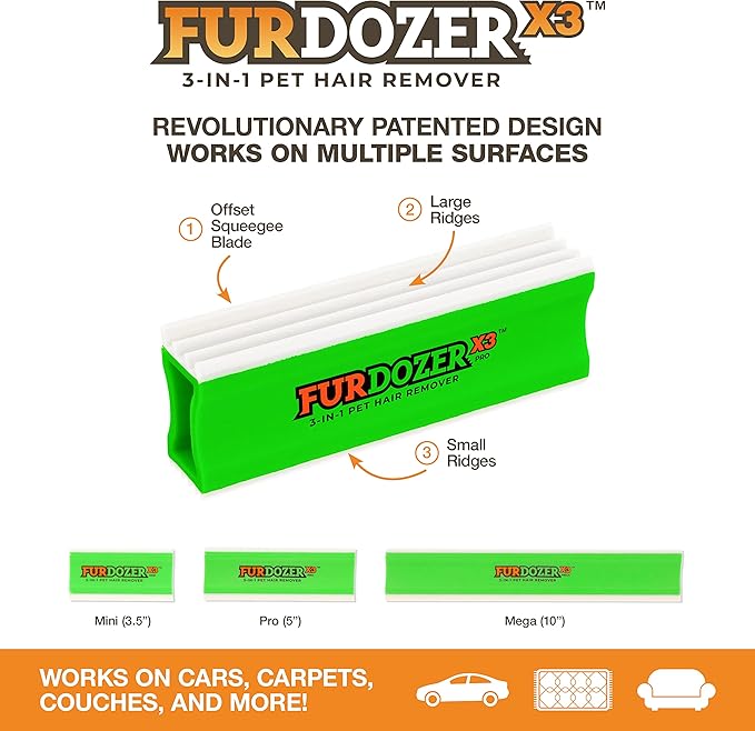 FurDozer X3 PRO Pet Hair Remover &amp; Auto Detailing Tool - Cat &amp; Dog Hair Remover for Carpets, Car Interiors, Couches, Bedding, &amp; Furniture - Reusable Pet Hair Removal Tool for Fur &amp; Lint, 5" (2-Pack)