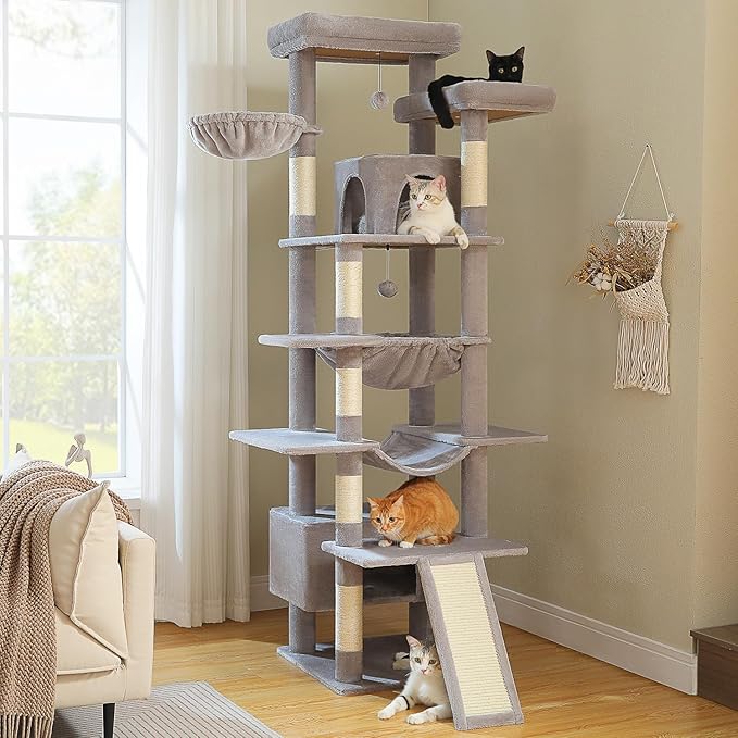 81 Inches Tall Cat Tree for Indoor Cats Large Adult - Heavy Duty Multi-Level Cat Tower with Large Metal Frame Hammock, Scratching Pad, 2 Top Perches, 2 Cozy Condos &amp; 6 Scratching Posts - Gray