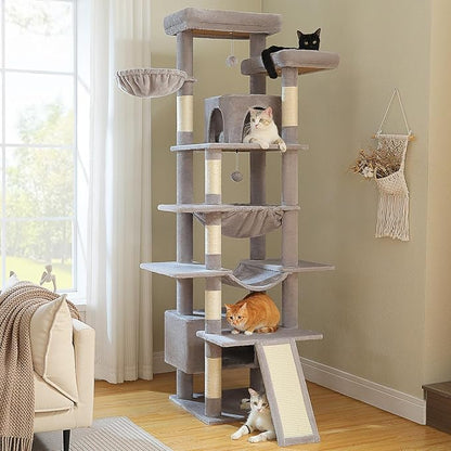 81 Inches Tall Cat Tree for Indoor Cats Large Adult - Heavy Duty Multi-Level Cat Tower with Large Metal Frame Hammock, Scratching Pad, 2 Top Perches, 2 Cozy Condos &amp; 6 Scratching Posts - Gray
