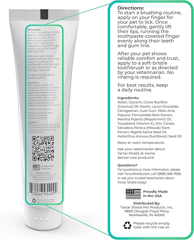 Tartar Shield Pro Care – Natural Enzymatic Pet Toothpaste Kit – Protects Against Plaque &amp; Tartar - Freshens Breath &amp; Removes Stains – Cleans Teeth and Gums – for Dogs &amp; Cats - Coconut Flavor, 3 Oz.