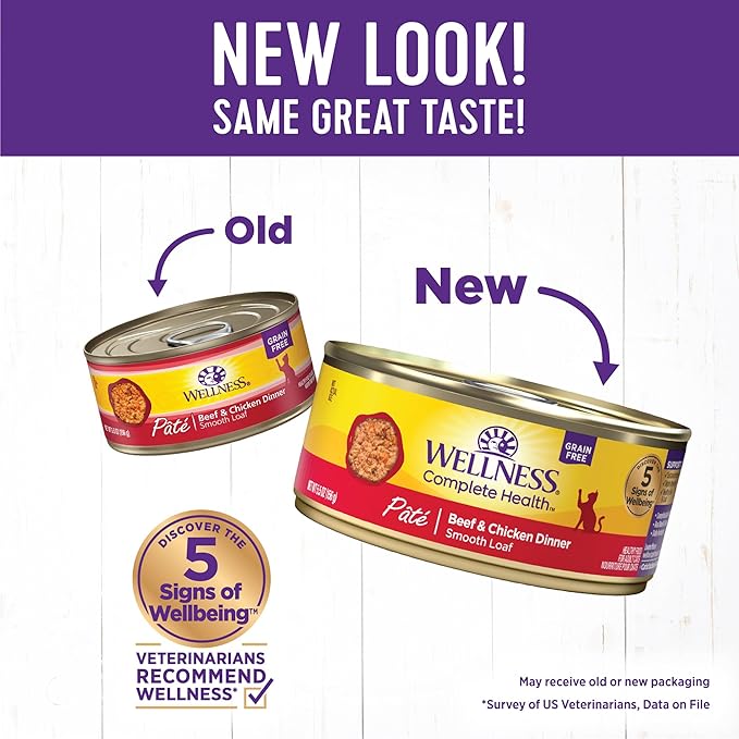 Wellness Complete Health Pate Adult Wet Cat Food, Natural, Protein-Rich, Grain Free, 5.5 Ounce, 24 Pack, (Beef &amp; Chicken)