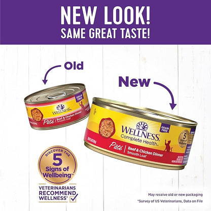 Wellness Complete Health Pate Adult Wet Cat Food, Natural, Protein-Rich, Grain Free, 5.5 Ounce, 24 Pack, (Beef &amp; Chicken)