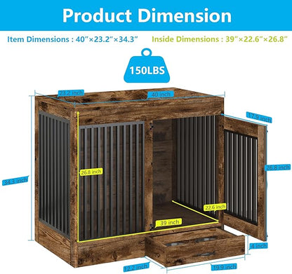 Rustic Brown Heavy Duty Furniture Dog Crate, Wood and Metal Kennel Cage, Pet House End Table with Drawer and Pull-Out Design, Dog Home for Indoor use, Large Size