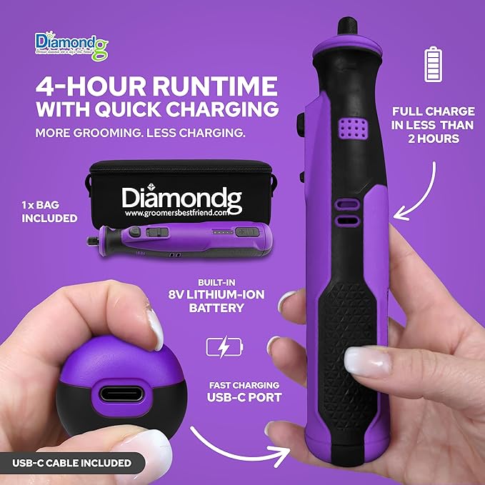 Diamondg Cordless Dog Nail Grinder with Quiet Sound &amp; LED Tip for Large &amp; Small Dogs, 4hrs. Runtime, 2 Bits Included, Purple