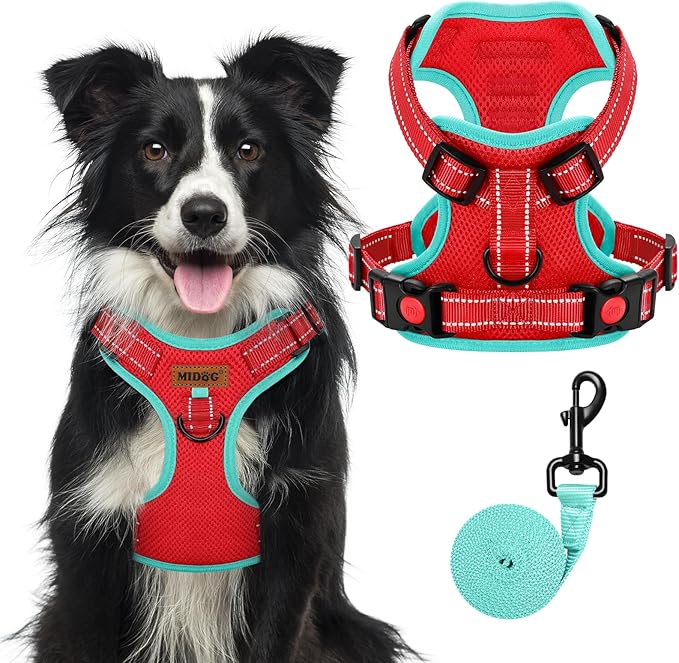 MIDOG No-Pull Dog Harness | Adjustable &amp; Reflective Pet Harness Leash Set for Small Medium Large Dogs Walking, Training| No Choke, Front Clip, Soft Padded Vest with Easy Control Handle - Red, XL