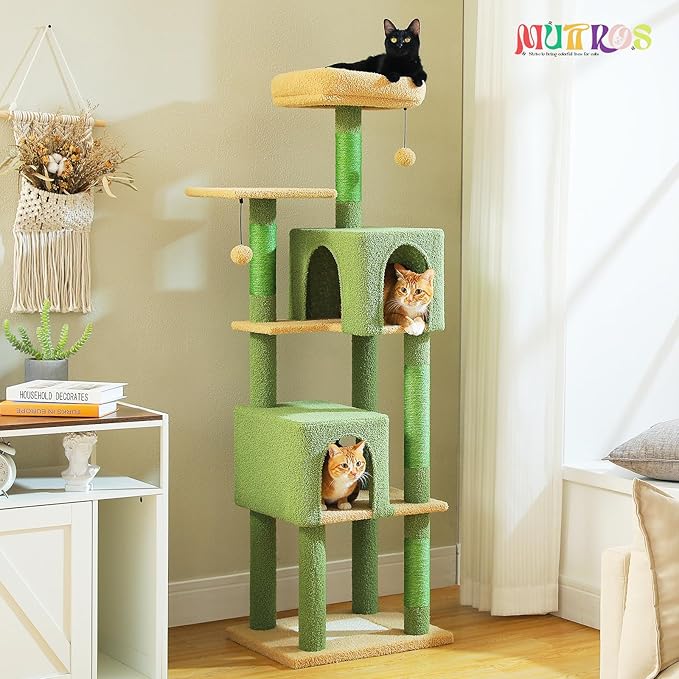 Cactus Cat Tree, 62-Inch Tall Multi-Level Cat Tower with Scratching Posts, Cat Condos for Large Indoor Cats, Plush Cat Bed w/Padded Perches, Scratching Pad &amp; 2 Green Pompoms, Green