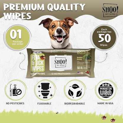 Shoo! Flea &amp; Tick Wipes for Dogs | Convenient, Easy On-The-Go Protection | Plant Based, Natural Oils, Chemical Free | Repels &amp; Prevents | 50 XL Wipes | (Woodland Harmony)
