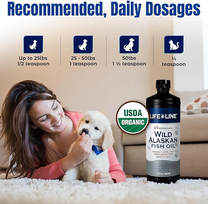 Life Line Pet Nutrition Wild Alaskan Fish Oil for Dogs and Cats 32oz – Omega 3 Fish Oil Supplement for Skin &amp; Coat – Supports Brain, Eye &amp; Heart Health in Dogs &amp; Cats