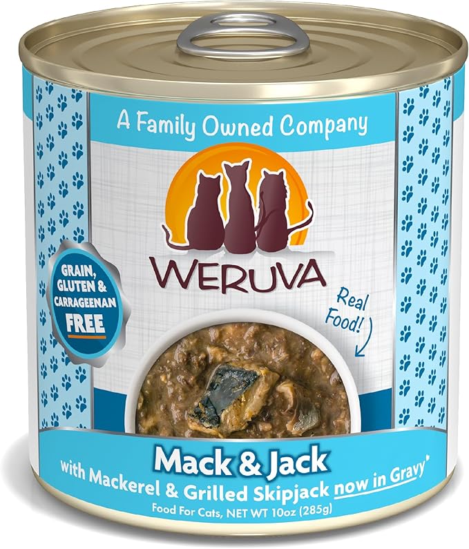 Weruva Classic Cat Food, Mack &amp; Jack with Mackerel &amp; Grilled Skipjack in Gravy, 10oz Can (Pack of 12)