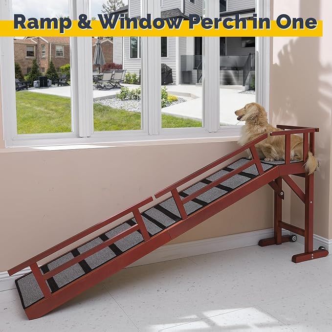 Dog Ramp for Bed or Couch, Wooden Pet Ramp with 20° Gentle Slope, Removable Side Rails, Non-Slip Surface, Top Platform &amp; Wheels, Safe Bed Ramp for Small, Medium &amp; Senior Dogs, 74" Long, Mahogany