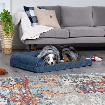 Furhaven Cooling Gel Dog Bed for Large/Medium Dogs w/ Removable Bolsters &amp; Washable Cover, For Dogs Up to 55 lbs - Plush &amp; Almond Print L Shaped Chaise - Blue Almonds, Large