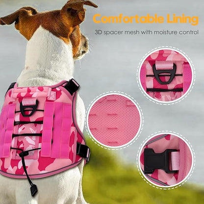 Heavy-Duty Tactical Dog Harness for Large Dogs, No Pull Adjustable Reflective Pet Vest with Molle System, K9 Military-Grade Control for Service Training, Outdoor &amp; 10+ Breeds, Pink Camo, Large