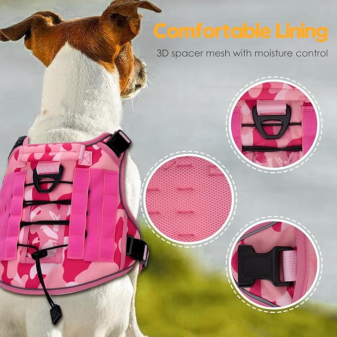 Heavy-Duty Tactical Dog Harness for Large Dogs, No Pull Adjustable Reflective Pet Vest with Molle System, K9 Military-Grade Control for Service Training, Outdoor &amp; 10+ Breeds, Pink Camo, X-Large