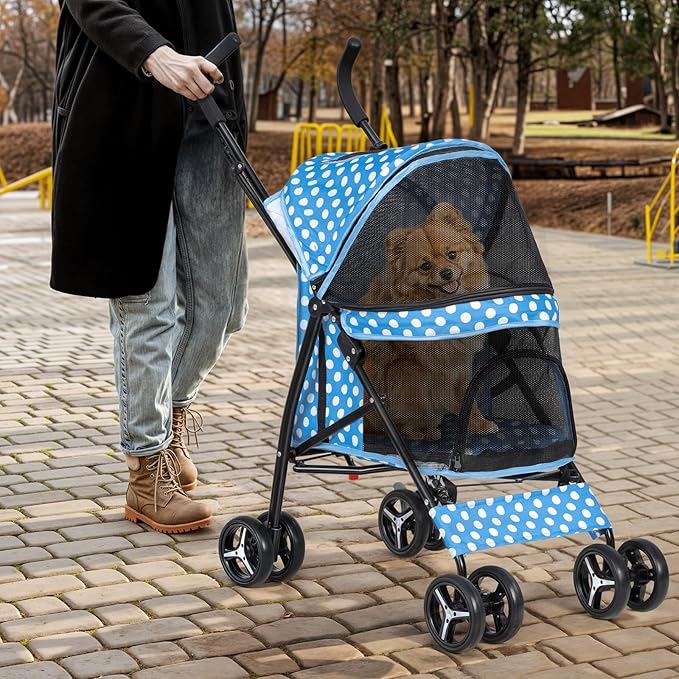 Magshion Compact Pet Stroller for Small-Medium Dogs/Cats up to 22lbs, 4-Wheel Lightweight Umbrella Shaped Portable Puppy Travel Jogger with Breathable Mesh &amp; Rear Storage, Sky Blue Polka Dots