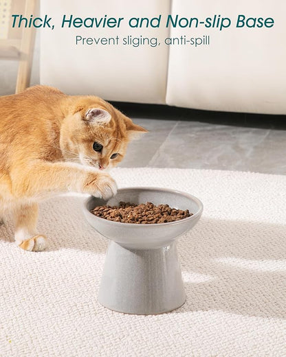 vancasso Ceramic Elevated Cat Bowls 2-Pack - 6.2" Extra Wide Raised Cat Food &amp; Water Dishes, 5.1" Optimal Height Anti-Whisker Fatigue Shallow Bowls for Cats/Kittens/Dogs, Lead &amp; Cadmium Free (Grey)