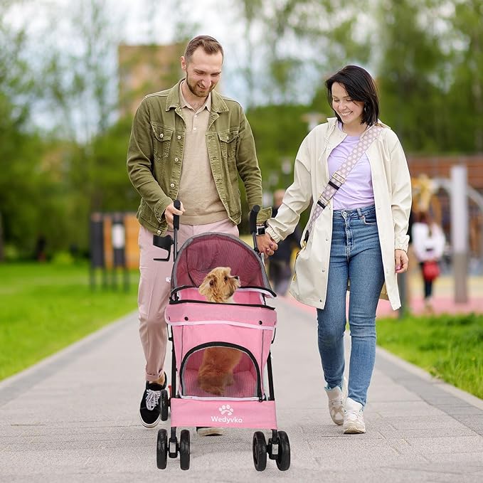 Umbrella Dog Stroller, 4 Wheels Pet Strolling, Foldable Carrier Pet Stroller for Small Dogs Cats, with Carrying Strap and Cup Holder, Dog Poop Bags &amp; Dispenser, Up to 33 lbs, Pink