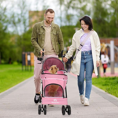 Umbrella Dog Stroller, 4 Wheels Pet Strolling, Foldable Carrier Pet Stroller for Small Dogs Cats, with Carrying Strap and Cup Holder, Dog Poop Bags &amp; Dispenser, Up to 33 lbs, Pink