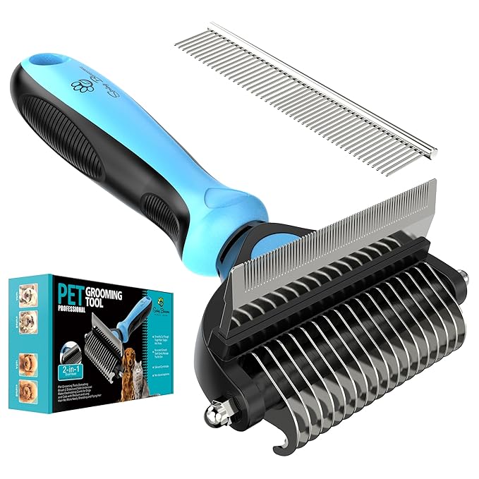 Spring Blossoms-2 in 1 Professional Grooming Rake for Cats &amp; Dogs-Dematting Comb for Easy Mats &amp; Tangles Removing,Pet Brush Safe No More Nasty Shedding and Flying Hair (Blue)