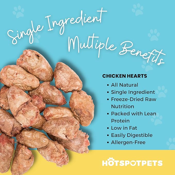 hotspot pets Freeze Dried Chicken Hearts for Cats &amp; Dogs - 1LB Big Bag- Made in USA -Single Ingredient All Natural Grain-Free -Resealable Bag- Perfect for Training, Topper or Snack, Allergen-Free