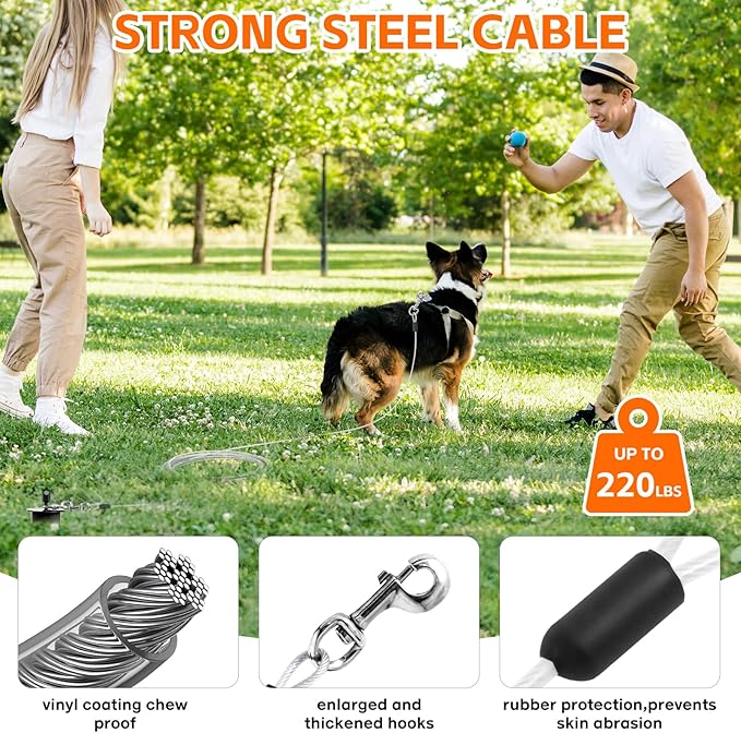 Snagle Paw Dog Tie Out Cable &amp; Stake with Lock Cap - 30ft Heavy Duty Rust Proof Cable, 360° Swivel Dog Yard Leash &amp; Stake Up to 220 lbs - Ground Anchor for Yard, Beach, Camping &amp; Outdoor Use