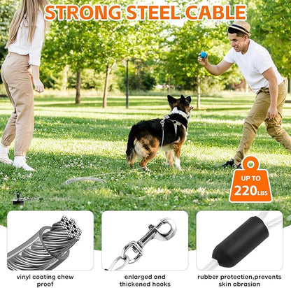 Snagle Paw Dog Tie Out Cable &amp; Stake with Lock Cap - 30ft Heavy Duty Rust Proof Cable, 360° Swivel Dog Yard Leash &amp; Stake Up to 220 lbs - Ground Anchor for Yard, Beach, Camping &amp; Outdoor Use