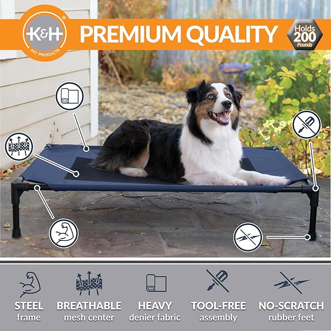 K&amp;H Pet Products Outdoor Elevated Dog Cot, Breathable Cooling Elevated Cot Hammock Pet Bed for Large Dogs, Washable Mesh Cover, Raised Metal Frame, Collapsible, Portable - Large 42 X 30in Blue